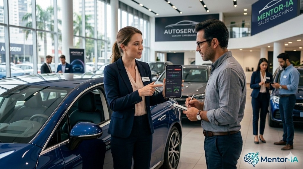 Negociação presencial em showroom automotivo com análise em tempo real do Mentor-IA no smartphone.